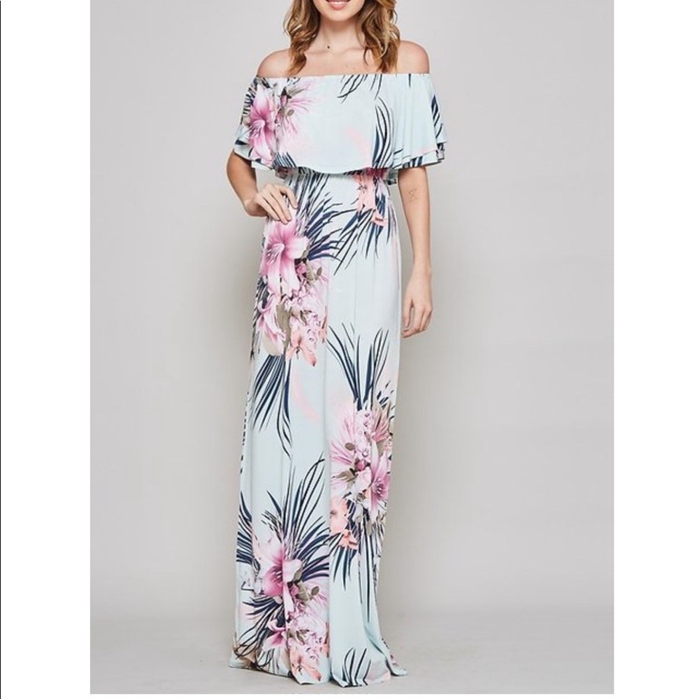 Beeson River Olivia Floral Off-Shoulder Maxi Dress Blue S Ruffle Tropical Boho